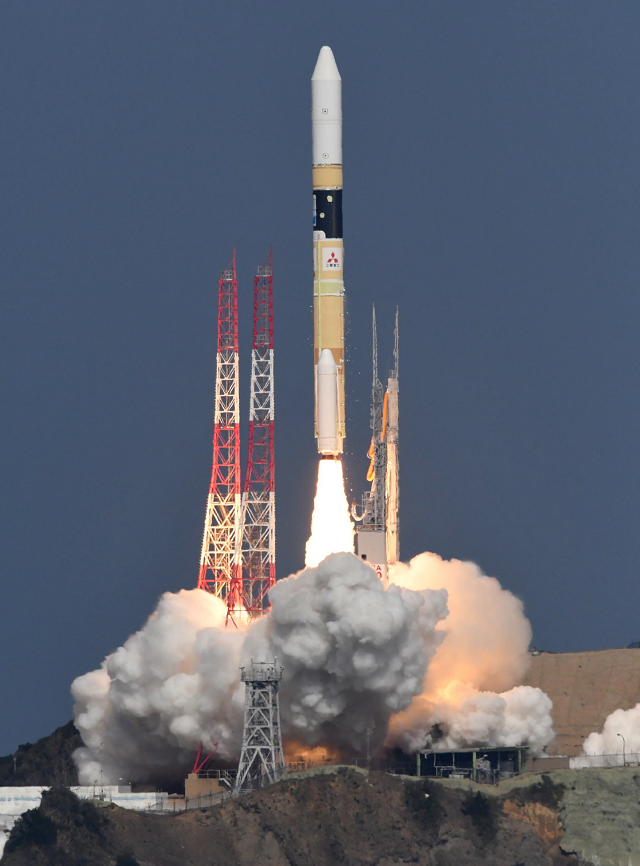 a h2a rocket lifts off from its launching pod of tanegashima space centre on october 29 2018 as it carries an ibuki 2 greenhouse gases observing satellite and united arab emirates 039 khalifasat earth obervation satellite photo afp