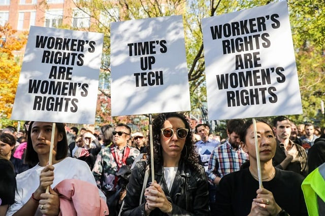 workers hold signs outside 14th street park after walking out as part of a global protest over workplace issues in new york us november 1 2018 photo reuters workers hold signs outside 14th street park after walking out as part of a global protest over workplace issues in new york us november 1 2018 photo reuters
