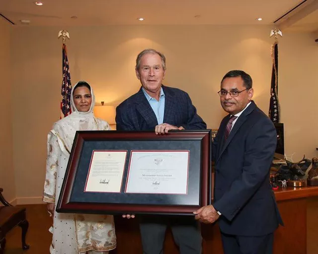 the award was presented to sheikh by former us president george w bush in a ceremony organised by javaid anwar in coordination with the bush 039 s office photo express the award was presented to sheikh by former us president george w bush in a ceremony organised by javaid anwar in coordination with the bush 039 s office photo express