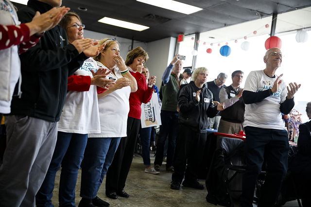 supporters cheer as republican senate candidate mike braun speaks during a campaign stop photo afp
