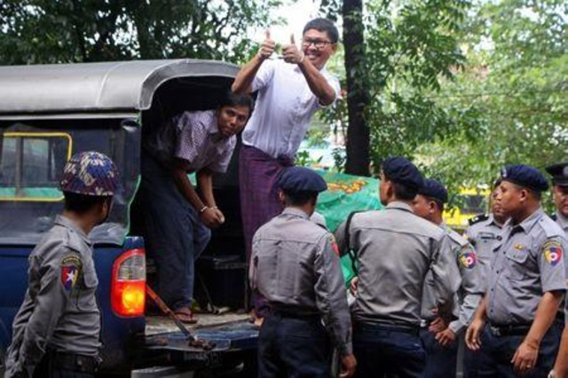 detained reuters journalists wa lone and kyaw soe oo arrive at insein court in yangon myanmar august 27 2018 photo reuters detained reuters journalists wa lone and kyaw soe oo arrive at insein court in yangon myanmar august 27 2018 photo reuters
