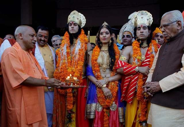 yogi adityanath l chief minister of india 039 s most populous state of uttar pradesh worships artists dressed as rama his wife sita and his brother laxman during diwali the hindu festival of lights celebrations in ayodhya india october 18 2017 photo reuters yogi adityanath l chief minister of india 039 s most populous state of uttar pradesh worships artists dressed as rama his wife sita and his brother laxman during diwali the hindu festival of lights celebrations in ayodhya india october 18 2017 photo reuters
