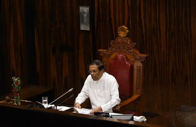 sri lankan president maithripala sirisena announces a policy statement during a ceremony for the new session of parliament in colombo on may 8 2018 sirisena opened a new session of parliament urging coalition partners to end a power struggle with him and work towards economic and political reforms photo afp sri lankan president maithripala sirisena announces a policy statement during a ceremony for the new session of parliament in colombo on may 8 2018 sirisena opened a new session of parliament urging coalition partners to end a power struggle with him and work towards economic and political reforms photo afp