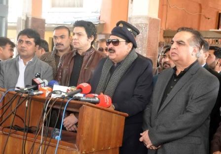 federal minister for railways sheikh rashid minister for water resources faisal vawda and sindh governor imran ismail during press conference in quetta photo express