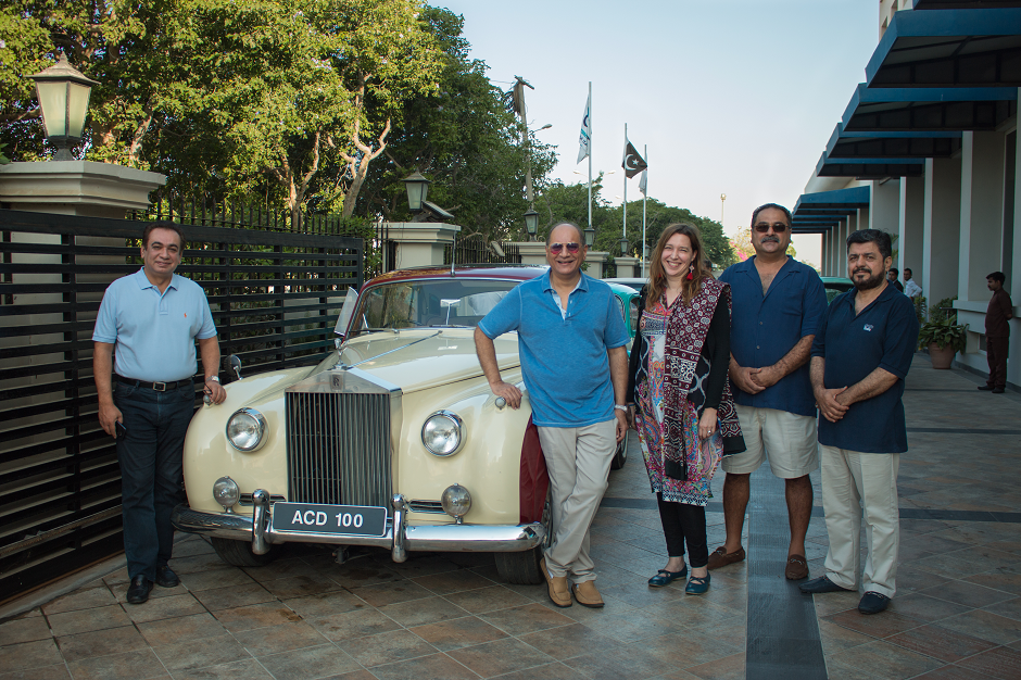 the 9th annual classic car rally chairman tauqir sultan awan 2nd l mala 3rd l qaiser manzoor 2nd r and shahnawaz khan mandokhel r outside ramada karachi creek hotel dha karachi pakistan 17th october 2018 photo narendar kumar