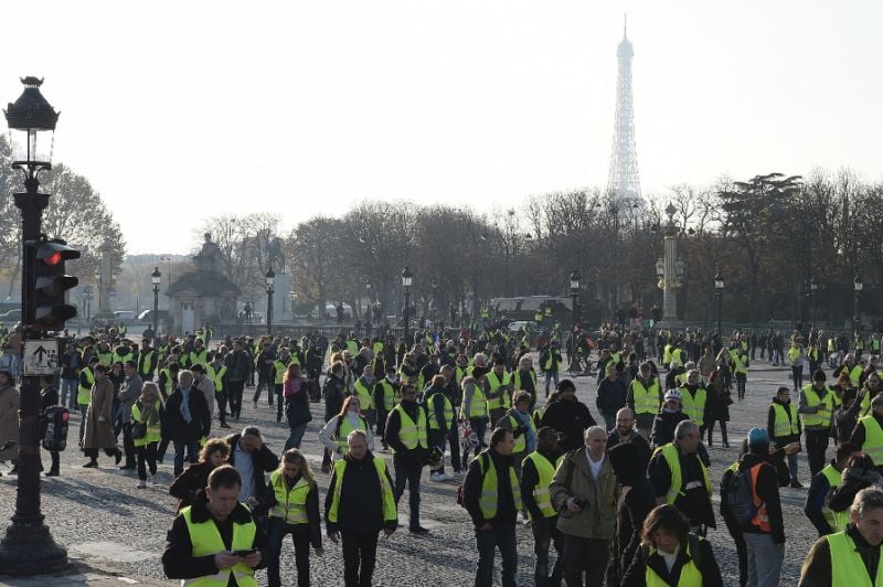 protesters massed on the place de la concorde in central paris on saturday during the quot yellow vest quot protests against high fuel prices in france photo afp