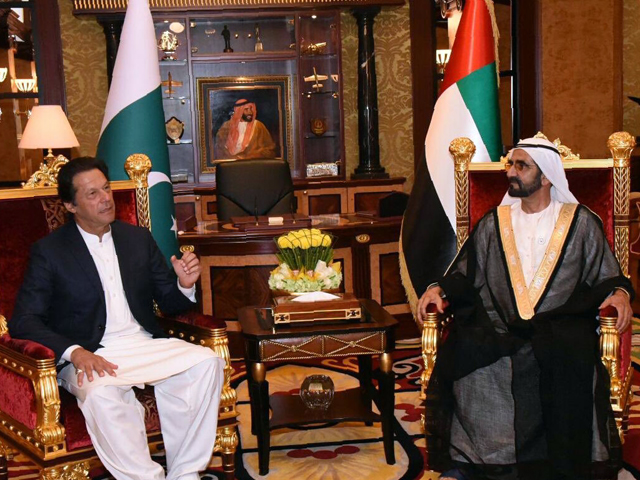 pm imran meets his counterpart mohammed bin rashid al maktoum at dubai 039 s zabeel palace photo courtesy pti official