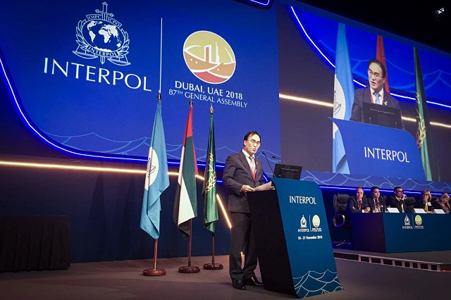 kim jong yang of south korea the new president of international police body interpol talks during the 87th general assembly in dubai uae november 21 2018 photo reuters