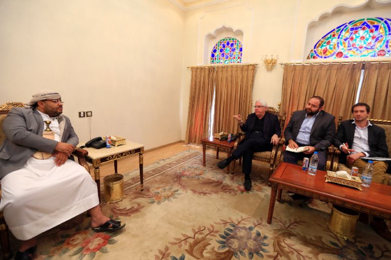 un envoy to yemen martin griffiths 3rd r meets with mohammed ali al huthi l head of the huthi revolutionary committee in the capital sanaa photo afp