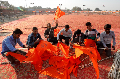 ayodhya tense as thousands of hindus gather near demolished babri mosque site