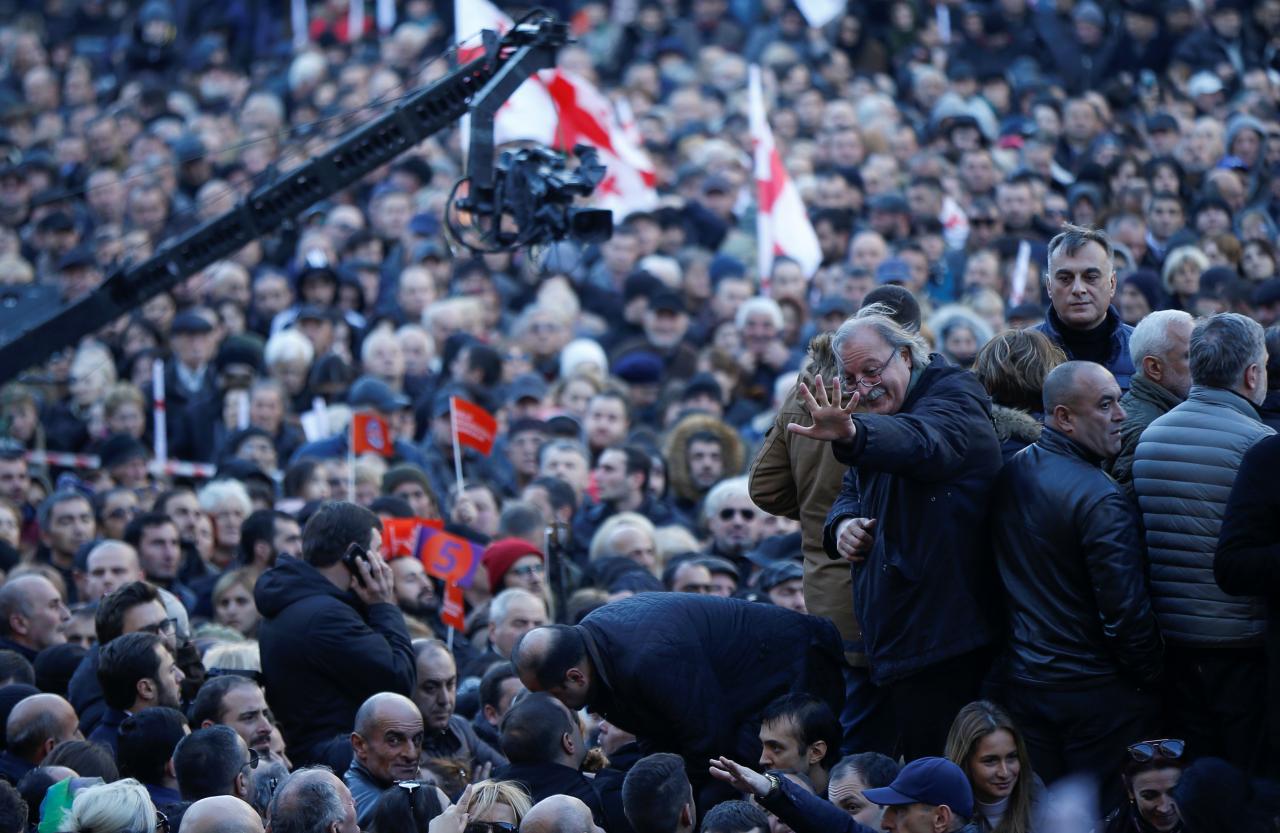 opposition leader and former presidential candidate grigol vashadze greets his supporters during a rally near the parliament building in tbilisi georgia december 2 2018 photo reuters