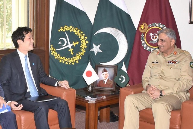 national security advisor to the prime minister of japan kentaro sonoura lent his support to islamabad wanting to see political reconciliation in afghanistan in a meeting with army chief gen qamar javed bajwa photo ispr