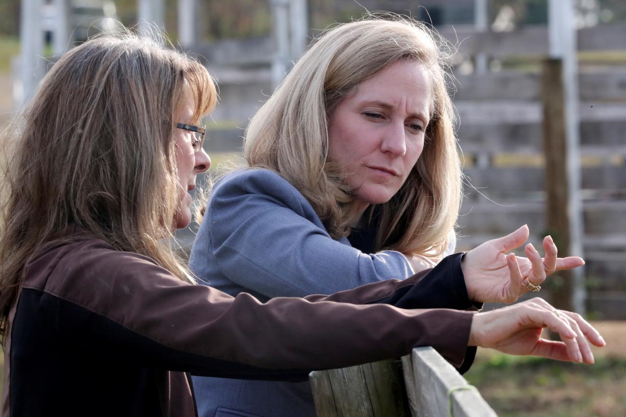 virginia democratic candidate for us representative abigail spanberger r talks with jorg huckabee mayfield during a visit to the horse rescue stables she and her husband operate in burkeville virginia us photo reuters