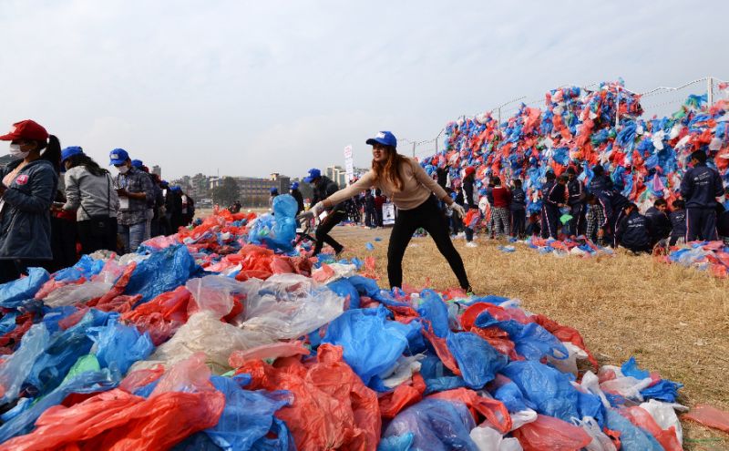 nepal attempts record with a dead sea of plastic bags