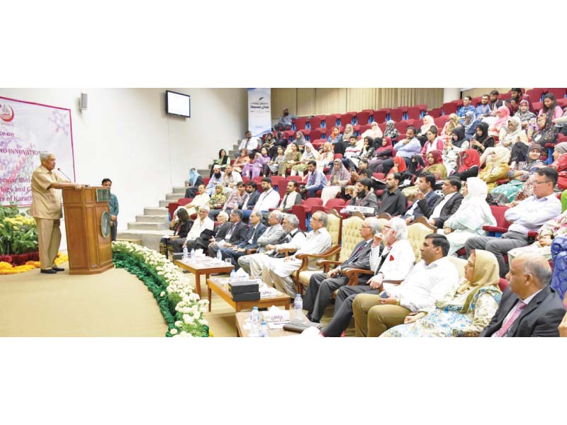 noted nuclear scientist dr abdul qadeer khan addresses the 14th biennial conference on science and technology at karachi university on monday photo press release