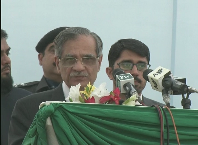 chief justice saqib nisar makes an address at the site for karachi 039 s new supreme court registry building photo screengrab