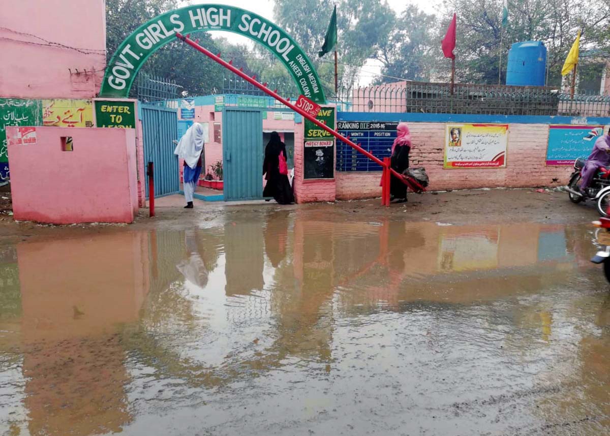 rainwater accumulated in front of a school in sargodha photo app