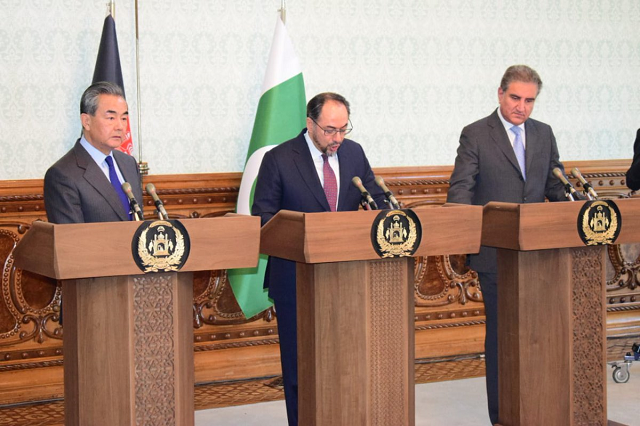 foreign minister shah mehmood qureshi chinese foreign minister wang yi and afghan counterpart salahuddin rabbani photo twitter foreign office