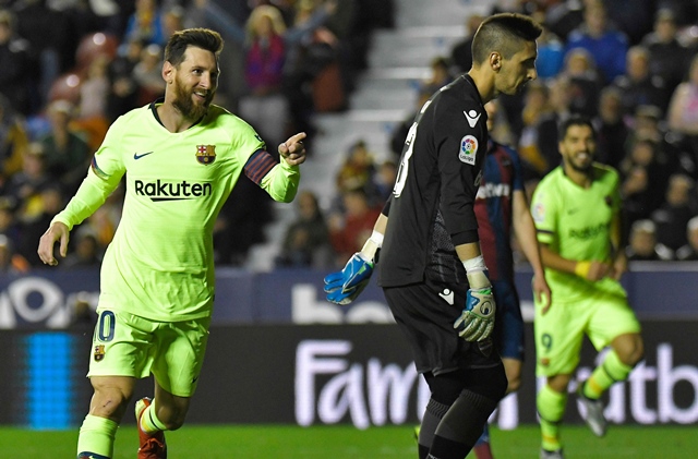 lionel messi continued his sublime form by netting his 31st la liga hat trick as barcelona thrashed levante 5 0 on sunday to regain their three point lead at the top of the table photo afp