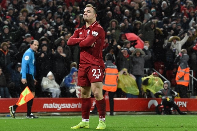 liverpool 039 s swiss midfielder xherdan shaqiri celebrates after scoring their second goal during the english premier league football match between liverpool and manchester united at anfield photo afp liverpool 039 s swiss midfielder xherdan shaqiri celebrates after scoring their second goal during the english premier league football match between liverpool and manchester united at anfield photo afp