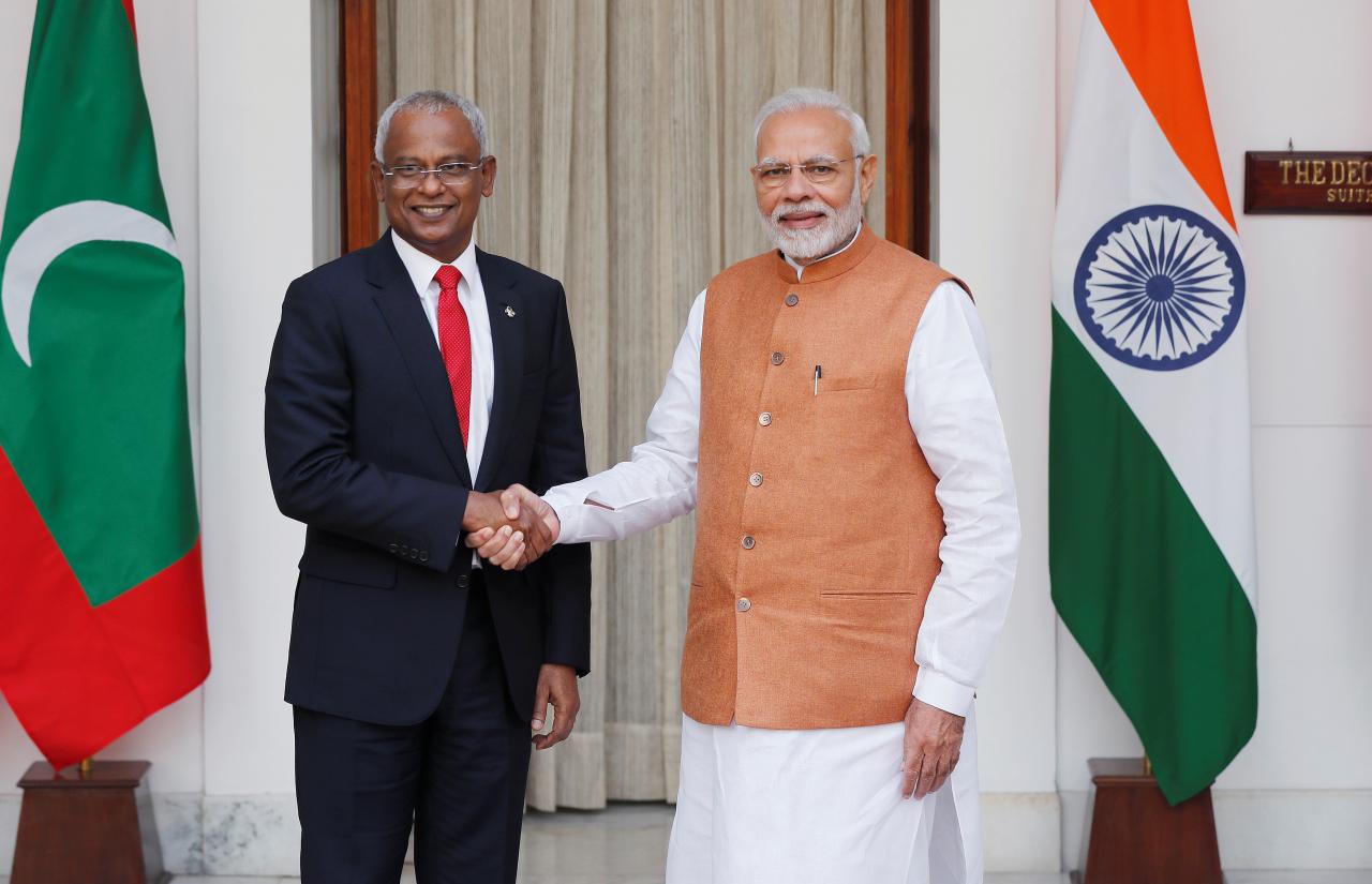 maldives president ibrahim mohamed solih and india 039 s prime minister narendra modi shake hands ahead of their meeting at hyderabad house in new delhi india photo reuters
