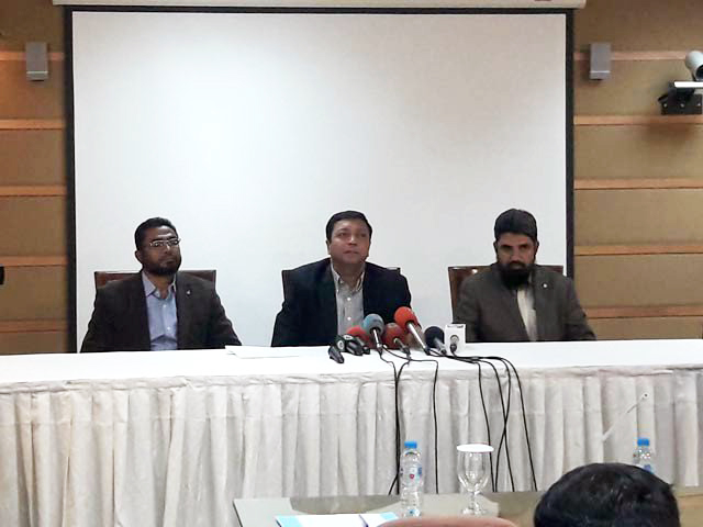 iccbs director prof dr muhammad iqbal chaudhary addressing a press conference in karachi on monday photo express