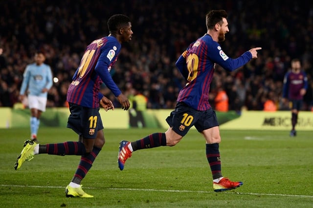 barcelona 039 s argentinian forward lionel messi celebrates scoring their second goal with barcelona 039 s french forward ousmane dembele during the spanish league football match photo afp barcelona 039 s argentinian forward lionel messi celebrates scoring their second goal with barcelona 039 s french forward ousmane dembele during the spanish league football match photo afp