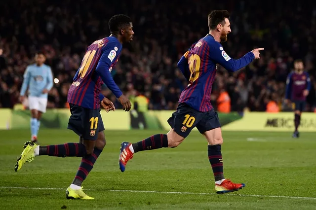 barcelona 039 s argentinian forward lionel messi celebrates scoring their second goal with barcelona 039 s french forward ousmane dembele during the spanish league football match photo afp barcelona 039 s argentinian forward lionel messi celebrates scoring their second goal with barcelona 039 s french forward ousmane dembele during the spanish league football match photo afp