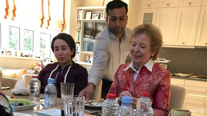 a handout image provided by united arab emirates news agency wam shows sheikha latifa bint mohammed bin rashid al maktoum left with mary robinson former president of ireland photo afp