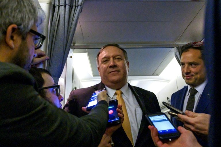 us secretary of state mike pompeo speaks with the press as he flies to the middle east photo afp