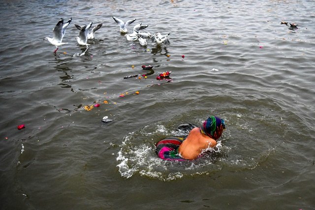 an indian devotee takes a dip on the triveni sangam banks the confluence of the ganges yamuna and mythical saraswati rivers at the kumbh mela festival in allahabad photo afp