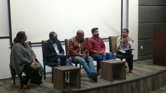 journalist sahar habib ghazi far right moderate the panel discussion with journalists shahzeb ahmed farhan malik ayaz khan and lubna naqvi anti clockwise sharing their views on the challenges media faces photo courtesy muhammad salman khan