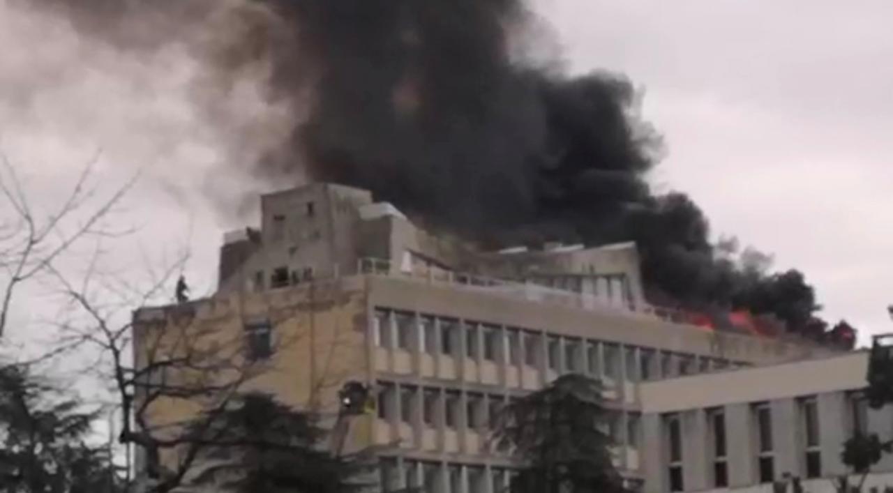 firefighters extinguish the fire that broke out on the rooftop of lyon university in lyon france january 17 2019 in this still image obtained from a social media video photo reuters