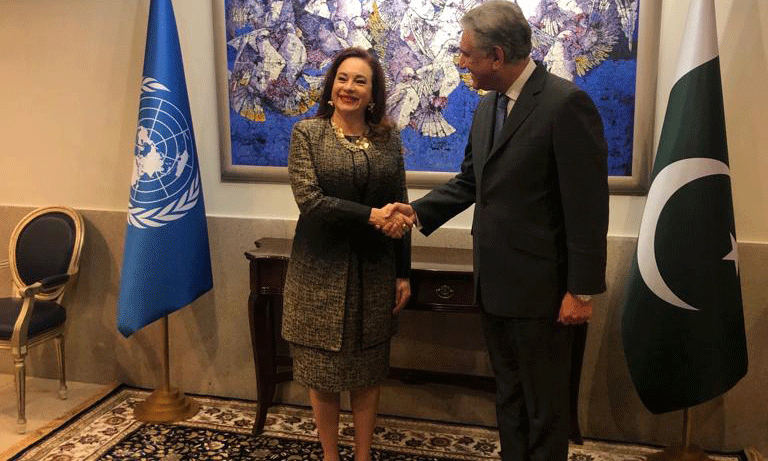 foreign minister shah mehmood qureshi shakes hands with un general assembly president maria fernanda espionasa in islamabad on friday photo foreign office