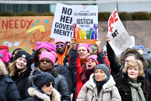 protesters chant during the women 039 s unity rally at foley square on january 19 2019 in new york city photo afp