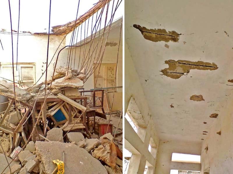 a part of the roof of a classroom caved in at the government boys primary usman jutt school despite repeated requests by the school administration the education department has turned a blind eye to the students plight photos express