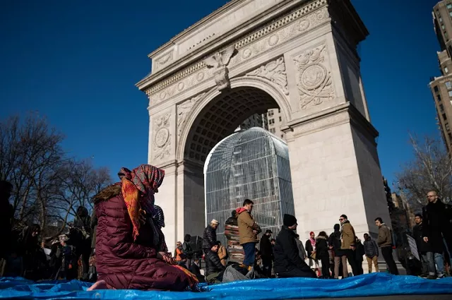 muslims pray following a protest to the mark the one year anniversary of the trump administration 039 s executive order banning travel into the united states from several muslim majority countries in washington square park january 26 2018 in new york city photo afp muslims pray following a protest to the mark the one year anniversary of the trump administration 039 s executive order banning travel into the united states from several muslim majority countries in washington square park january 26 2018 in new york city photo afp