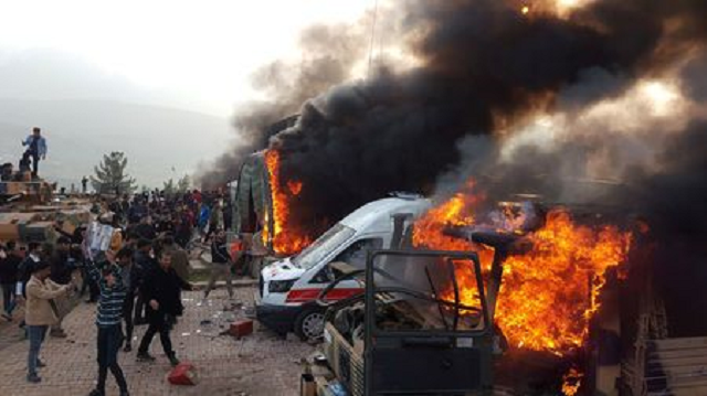 a smoke rises from vehicles after protesters stormed a turkish military camp near dohuk iraq january 26 2019 photo reuters a smoke rises from vehicles after protesters stormed a turkish military camp near dohuk iraq january 26 2019 photo reuters