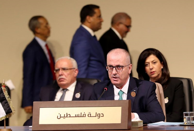 a handout picture provided by the lebanese photo agency dalati and nohra on january 20 2019 shows palestinian prime minister rami hamdallah addressing a regional economic summit in the lebanese capital beirut photo afp