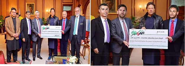 the post s caption says the great players of the football world present a blank cheque to prime minister imran khan for dam fund and express nobel wishes for pakistan