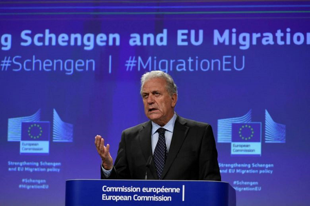 commissioner for migration home affairs and citizenship dimitris avramopoulos gives a press conference at the eu headquarters in brussels on sept 27 2017 photo afp