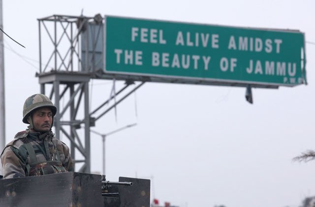 an indian army soldiers patrol during a curfew in jammu on february 17 2019 photo afp
