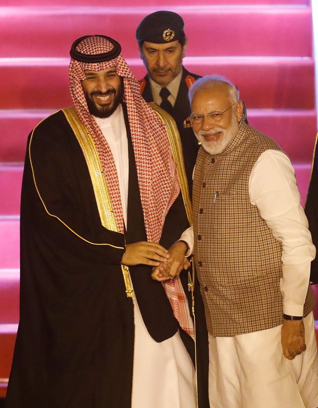 india 039 s prime minister narendra modi shakes hands with saudi crown prince mohammed bin salman upon his arrival at an airport in new delhi india february 19 2019 photo reuters