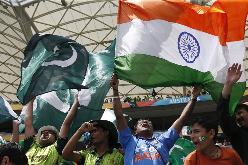 fans of pakistan 039 s cricket team l and india 039 s r cheer in the stands before pakistan 039 s cricket world cup match against india in adelaide february 15 2015 photo reuters