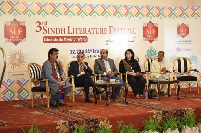 gul hassan kalmatti launches his book 039 coastal islands of sindh 039 at the sindh literature festival in karachi photo express
