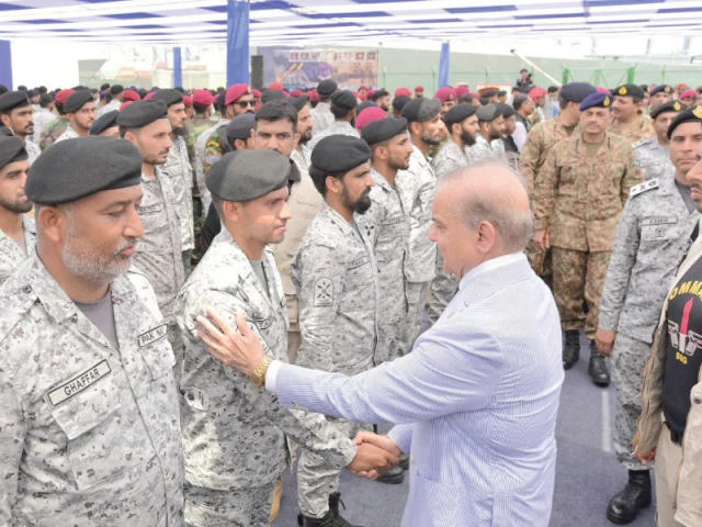 prime minister shehbaz sharif shakes hands with a sailor during a visit to the pn dockyard in karachi photo express prime minister shehbaz sharif shakes hands with a sailor during a visit to the pn dockyard in karachi photo express
