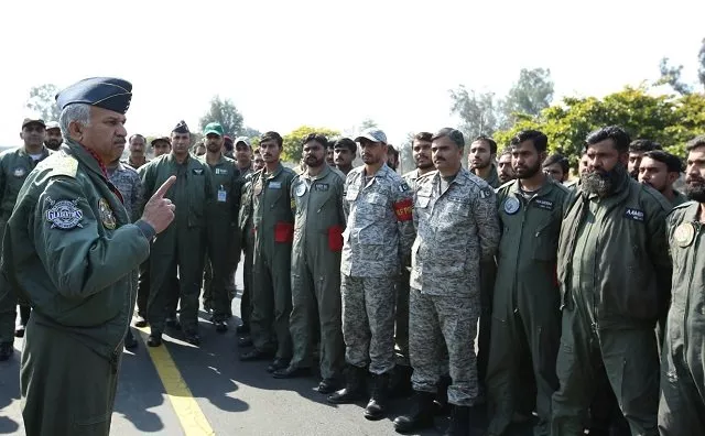 air cheif marshal mujahid anwar khan chief of the air staff pakistan air force addressing the combat crew during his visit to forward operating airbase of pakistan air force photo paf air cheif marshal mujahid anwar khan chief of the air staff pakistan air force addressing the combat crew during his visit to forward operating airbase of pakistan air force photo paf
