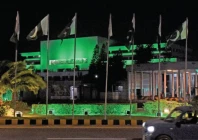 the parliament house has been illuminated with green lights to mark the first anniversary of marka e haq in the federal capital photo online