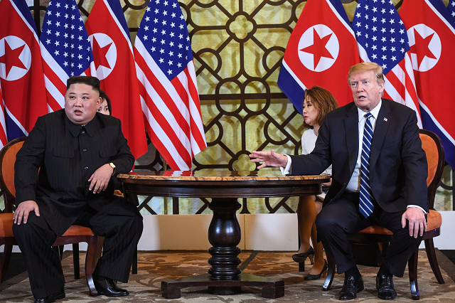 us president donald trump r speaks during a meeting with north korea 039 s leader kim jong un at the second us north korea summit photo afp