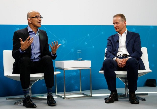 microsoft ceo satya nadella and volkswagen ceo herbert diess address a news conference in berlin germany february 27 2019 photo reuters microsoft ceo satya nadella and volkswagen ceo herbert diess address a news conference in berlin germany february 27 2019 photo reuters